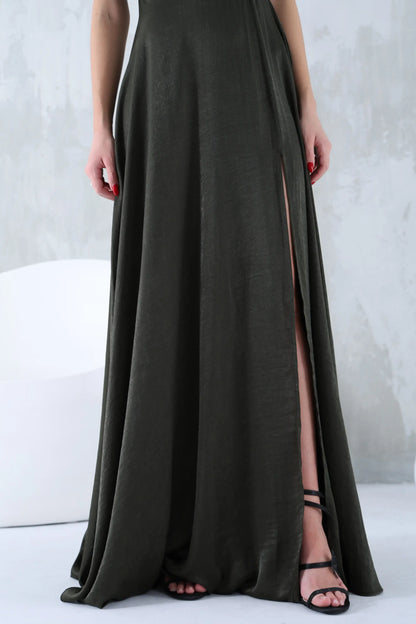 Long olive green sleeveless dress with a round neck