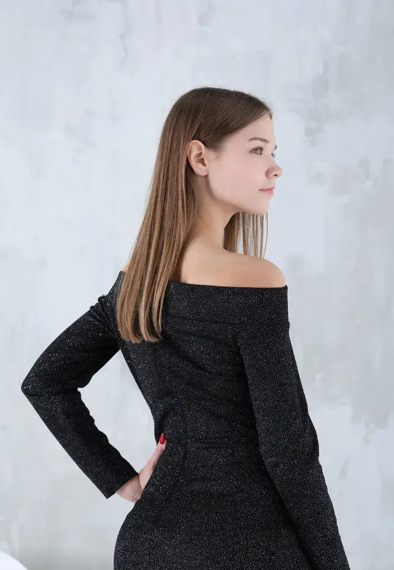 Black shiny long sleeve strapless dress