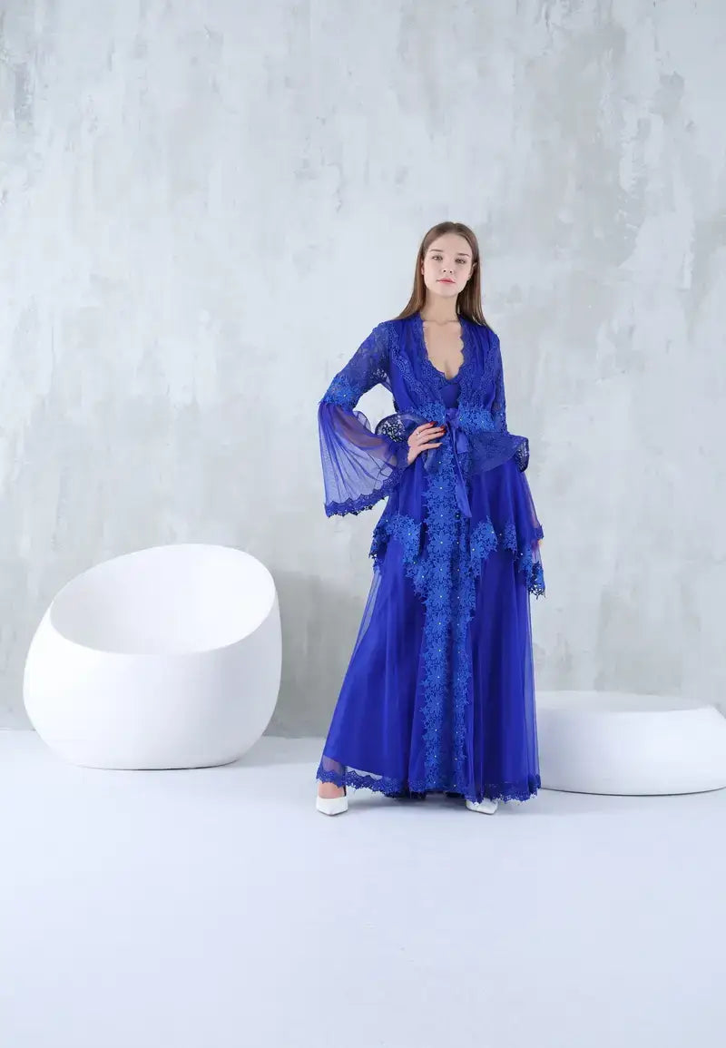 Women's blue long ruffle dress