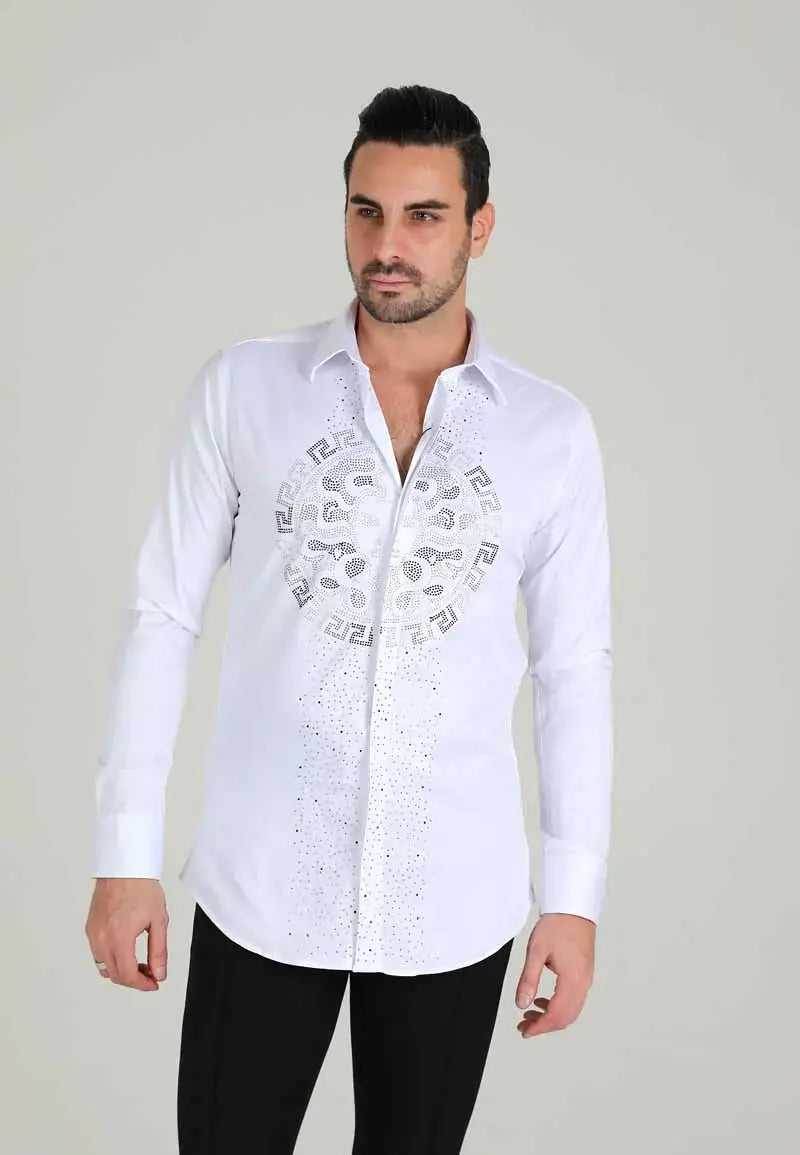 Men's Stylish Black and White Diamond Studded Shirt
