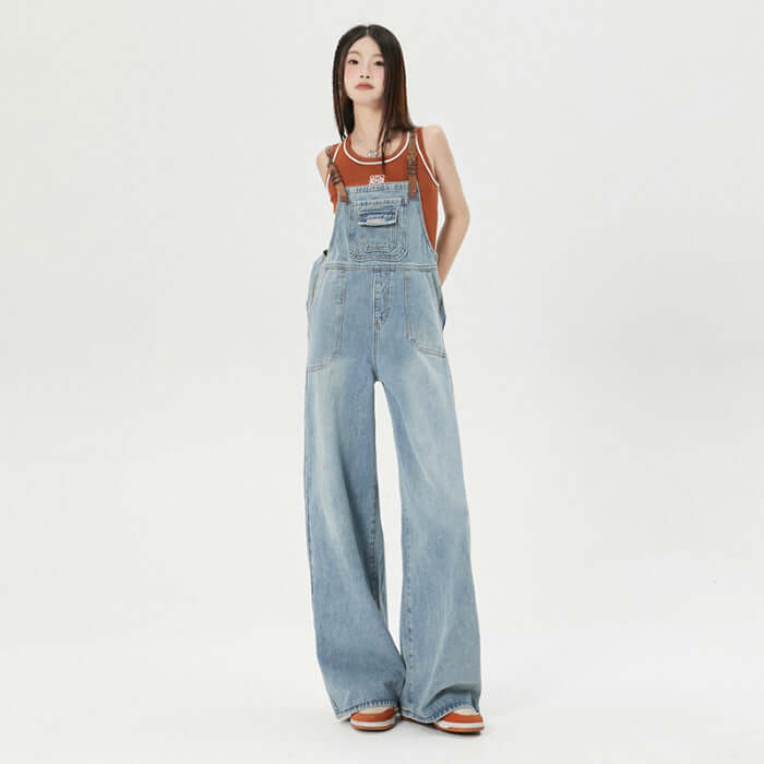 Washed Blue Loose Shoulder Strap Jeans
