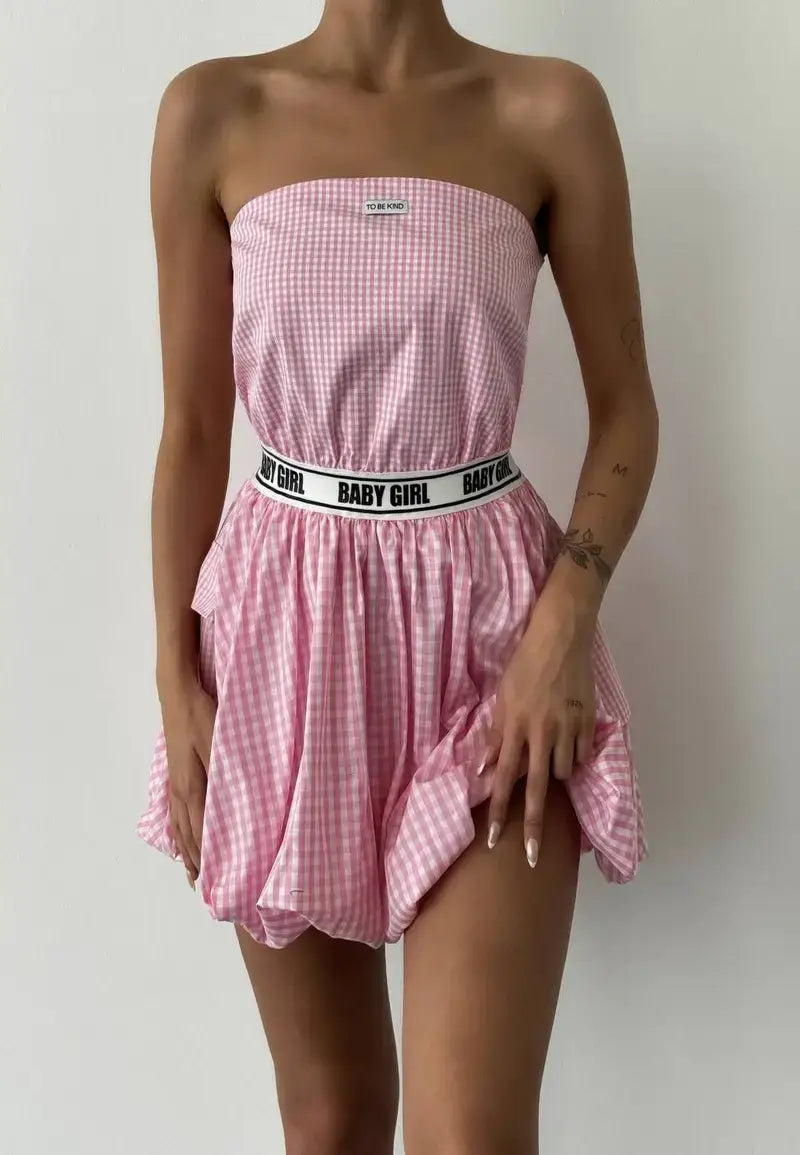 Pink strapless mini dress
