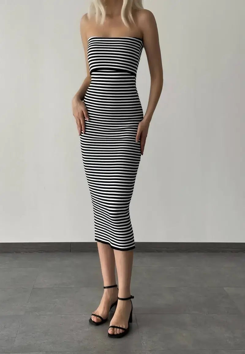 Black and white striped strapless midi dress
