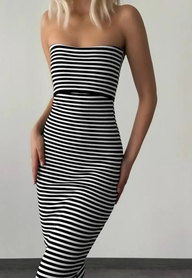Black and white striped strapless midi dress