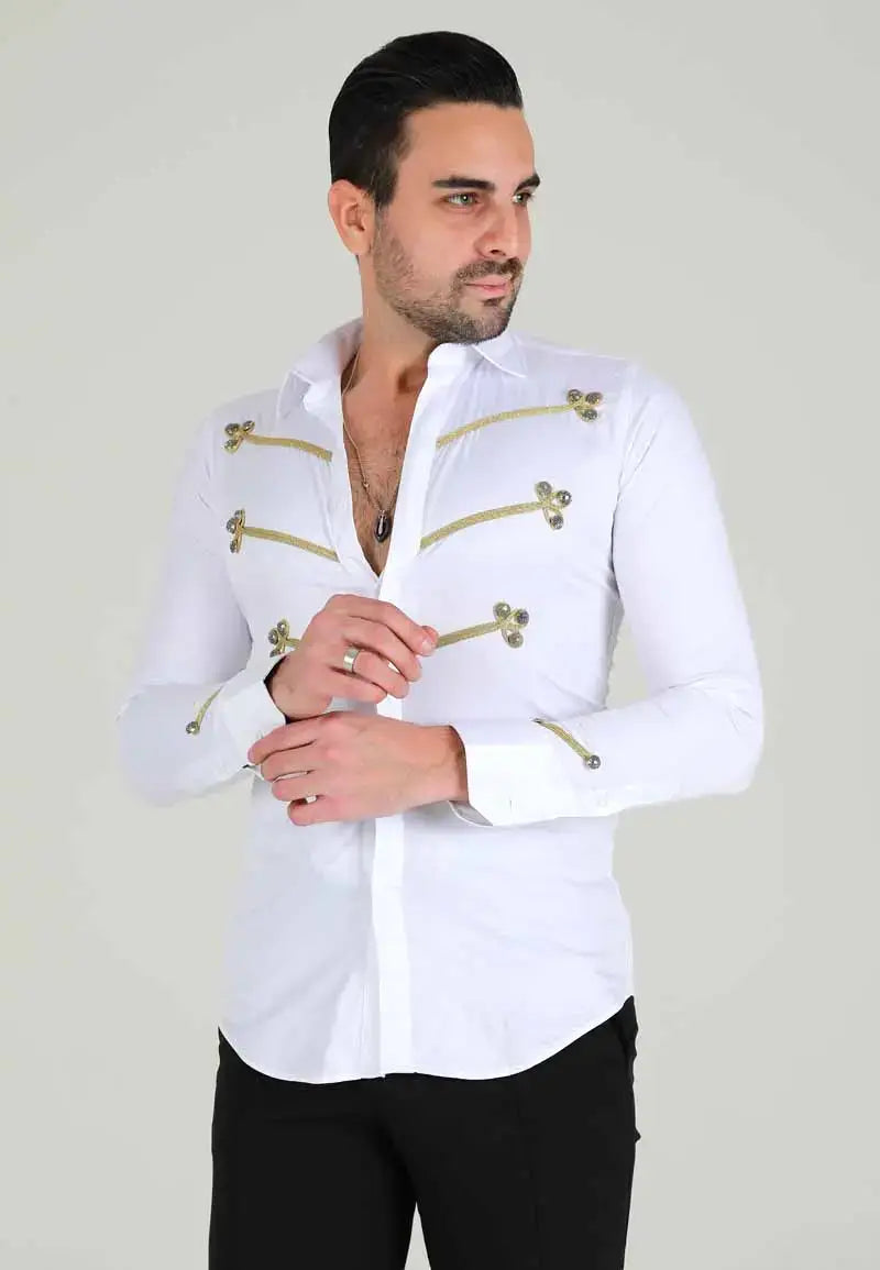 Men's white shirt with gold stripes on the chest