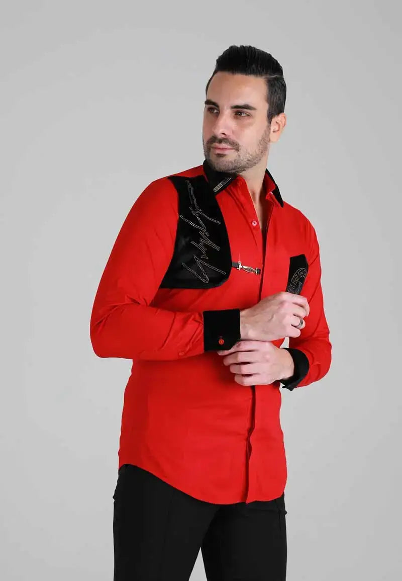Men's red shirt decorated with gold diamonds