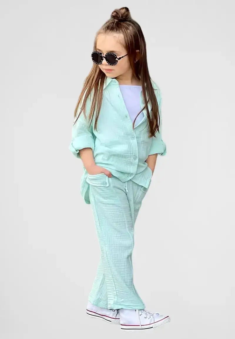 Button down shirt with pants and blouse for girls
