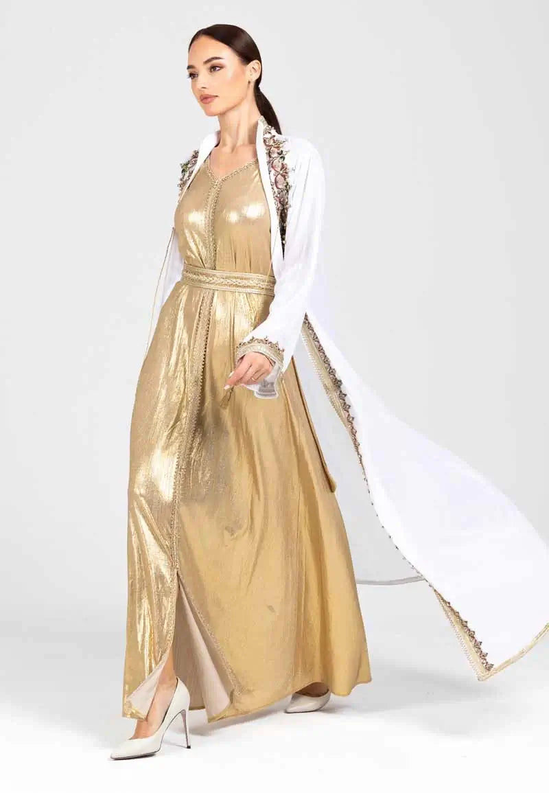 Luxurious Gold Caftan with White Embroidery