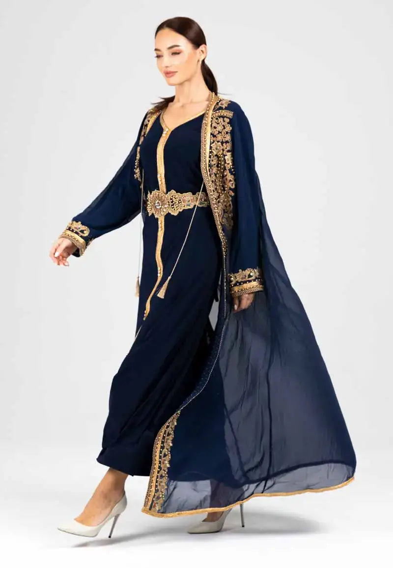 Navy blue Moroccan caftan embroidered with gold threads and patterns