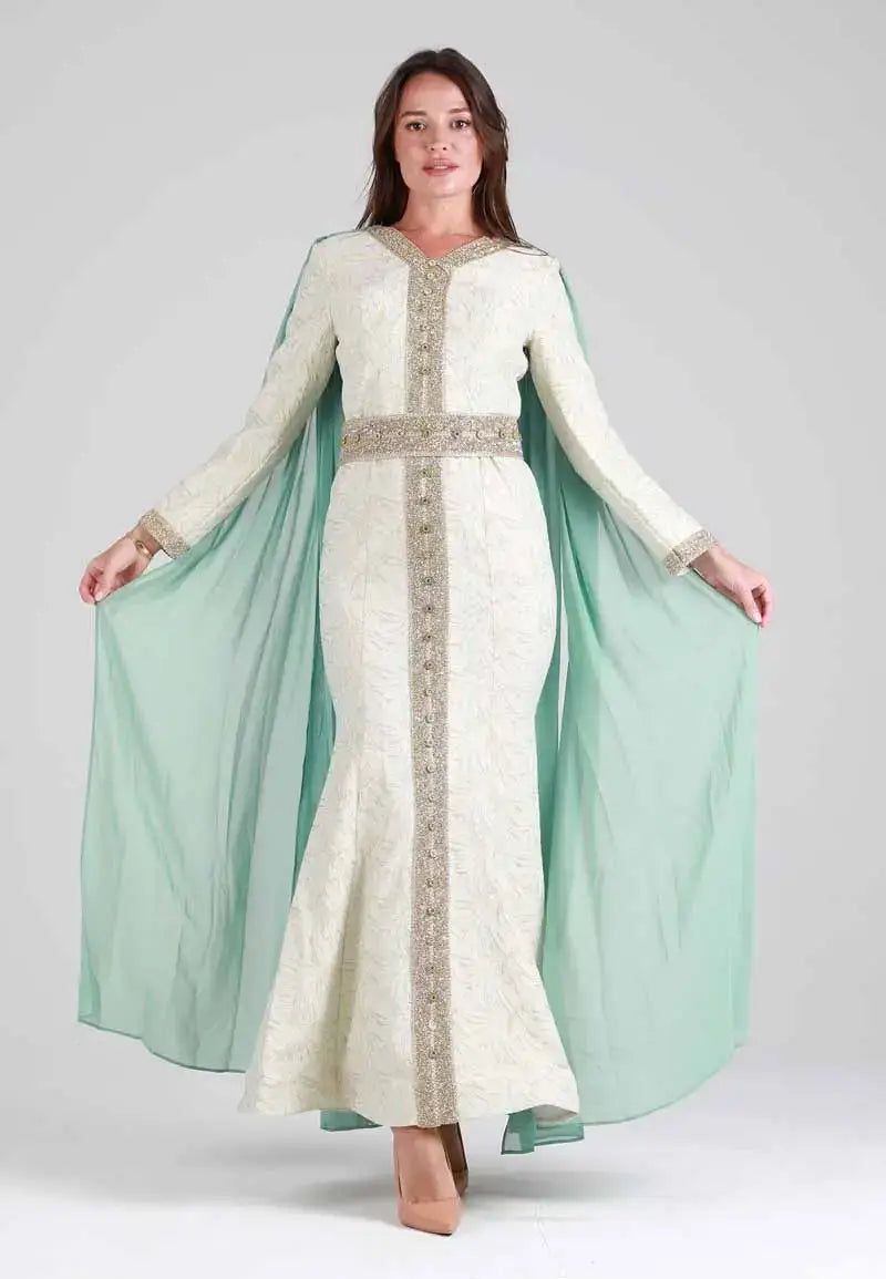 White Moroccan caftan studded with gold with a transparent green abaya