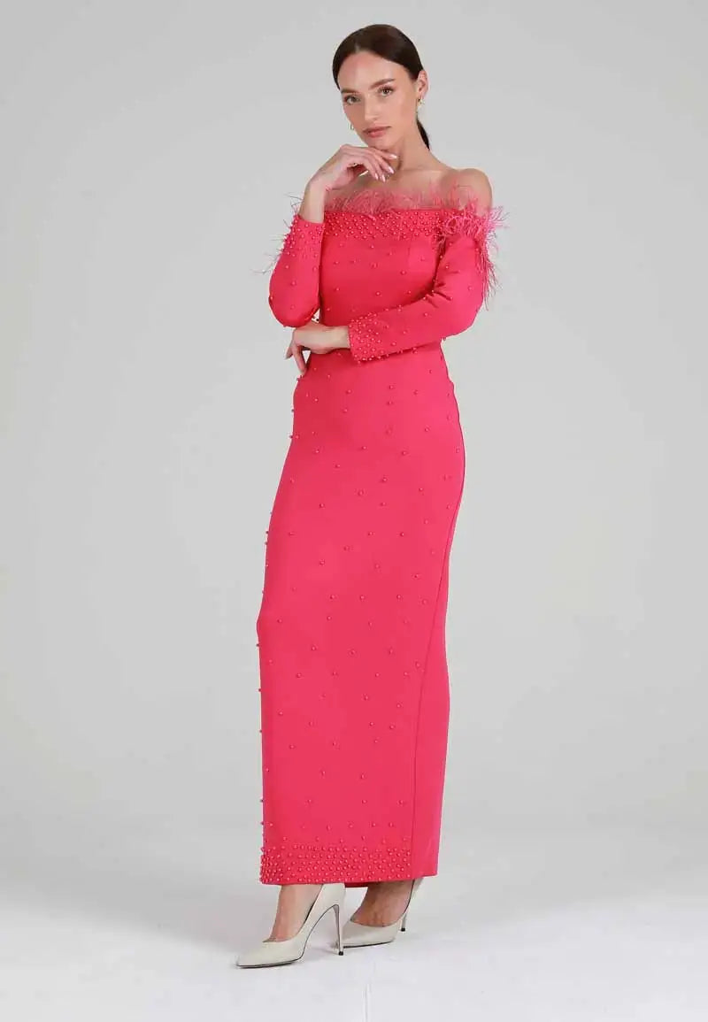 Pink off-the-shoulder dress with pink beading