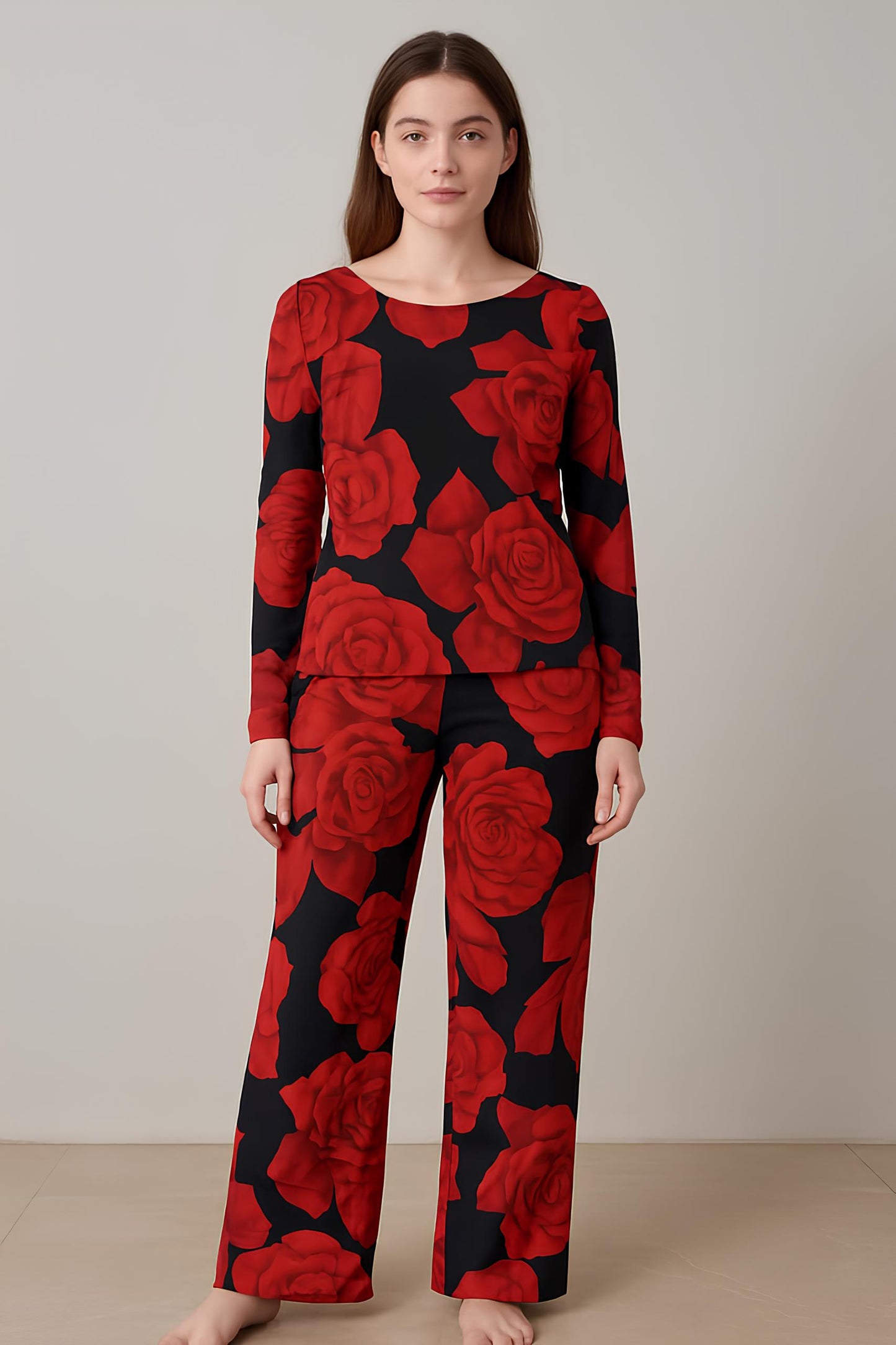 Women's Long Sleeve Crew Neck Red Rose Print Pajamas