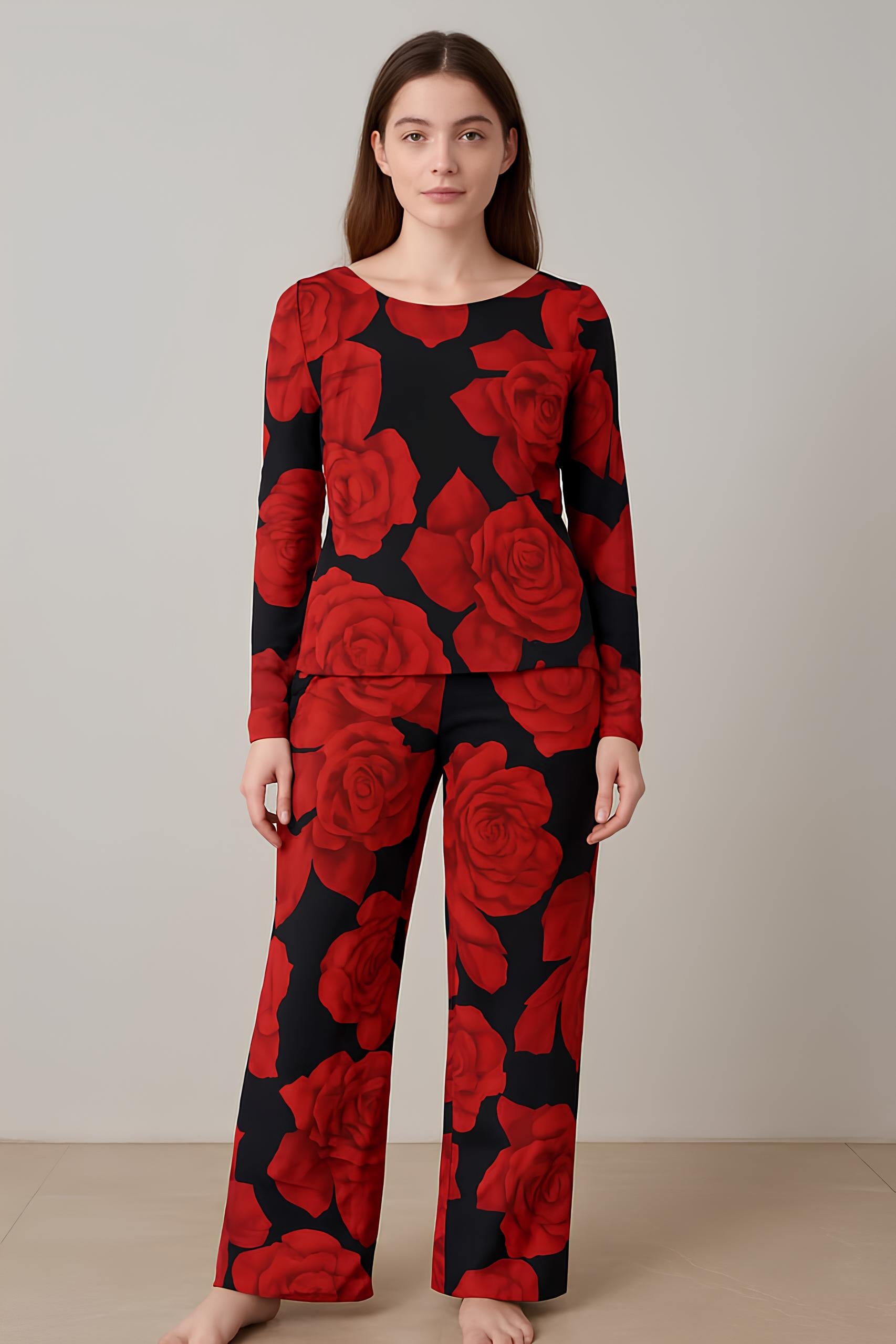 Women's Long Sleeve Crew Neck Red Rose Print Pajamas