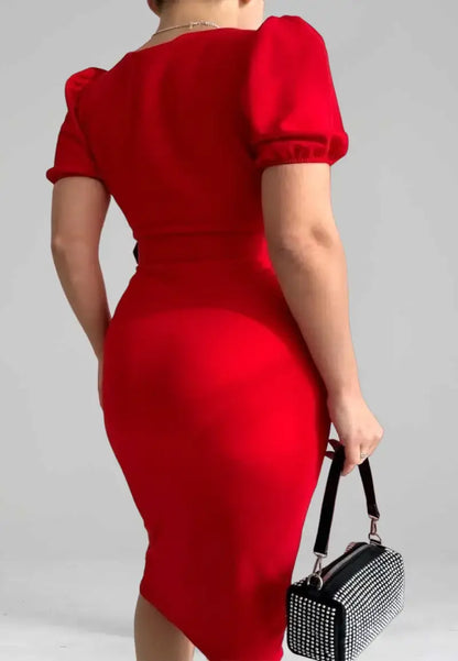 Women's bare neck short balloon sleeve midi dress with belt