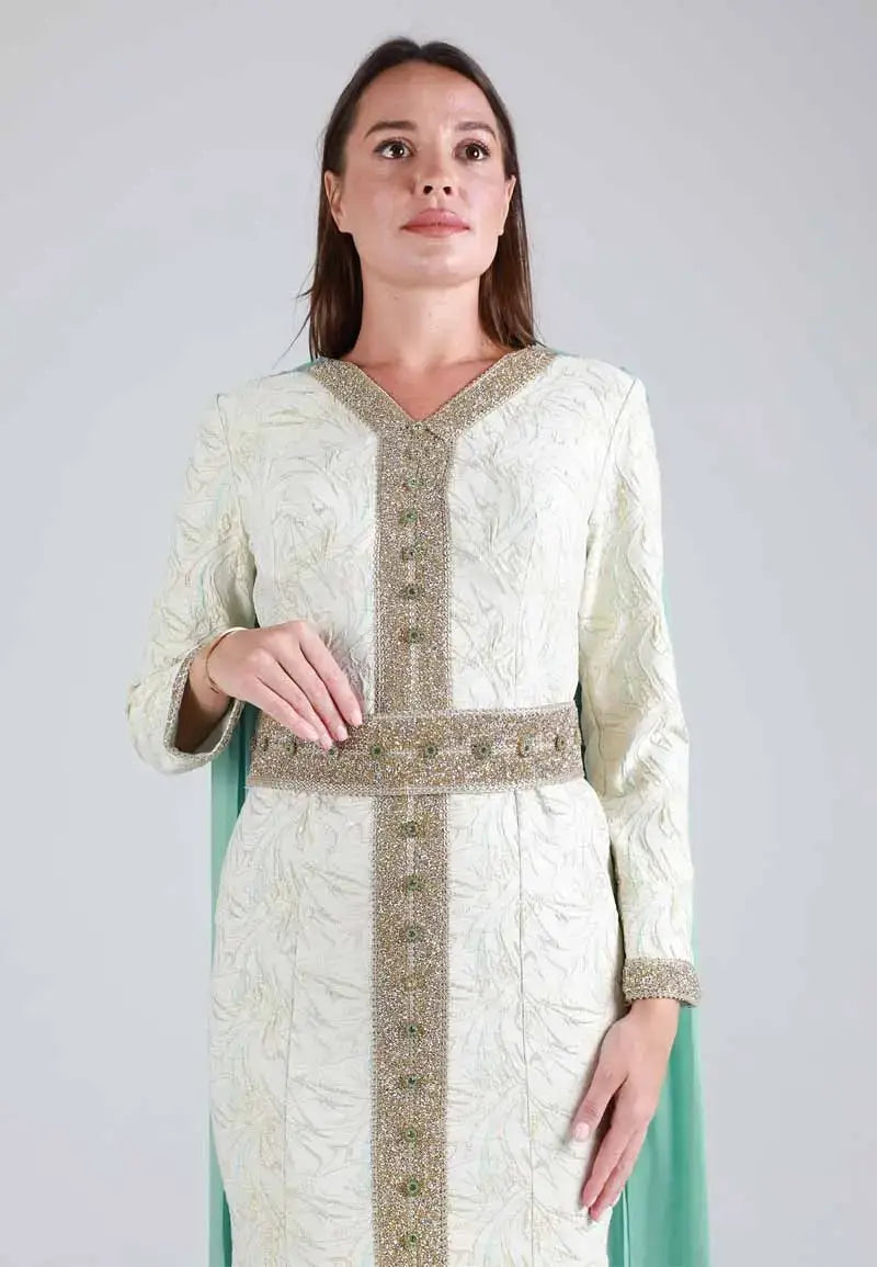 White Moroccan caftan studded with gold with a transparent green abaya