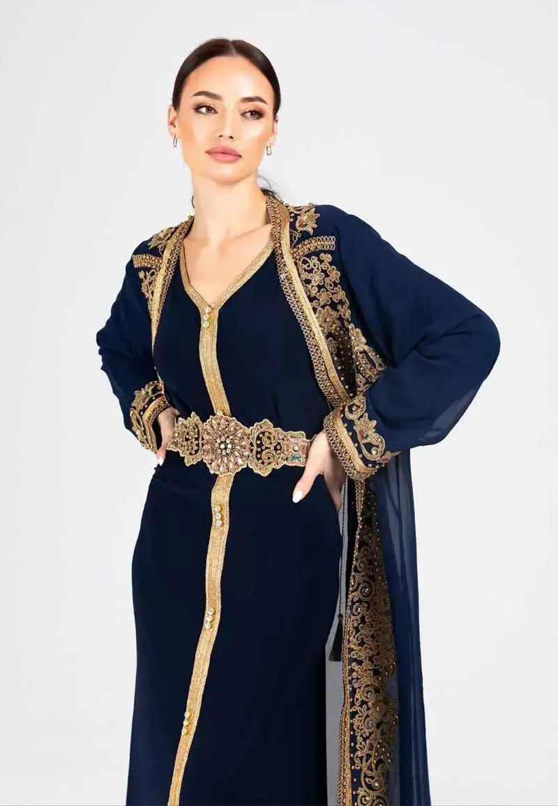 Navy blue Moroccan caftan embroidered with gold threads and patterns