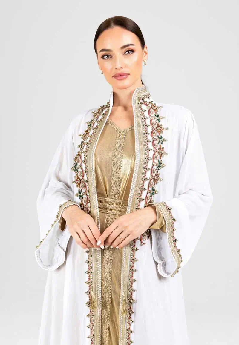 Luxurious Gold Caftan with White Embroidery
