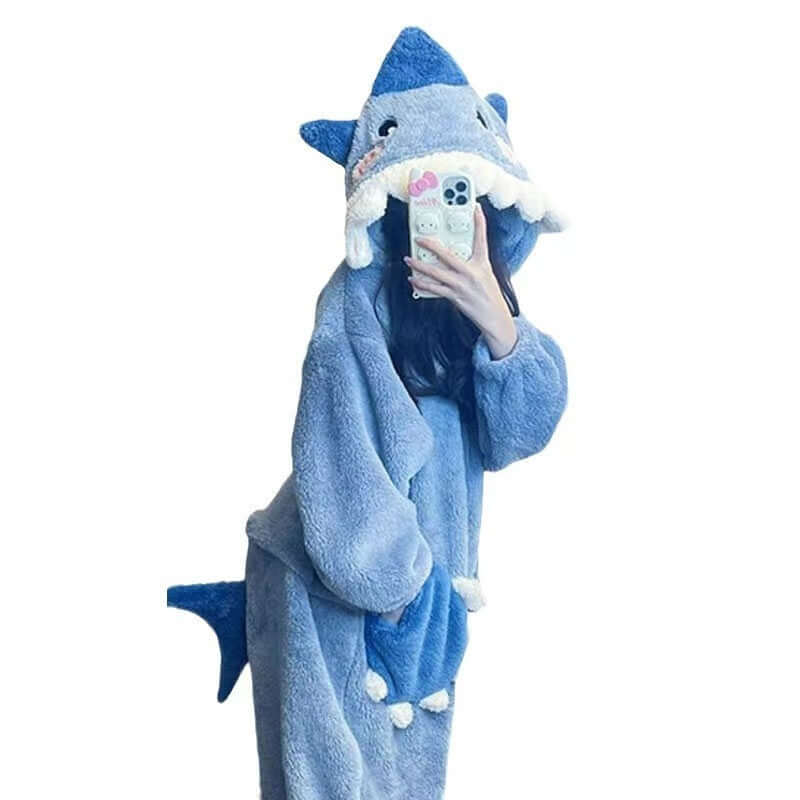 Sweet Cute Shark Hooded Coral Velvet Pajamas Fleece Lined Padded Warm Keeping