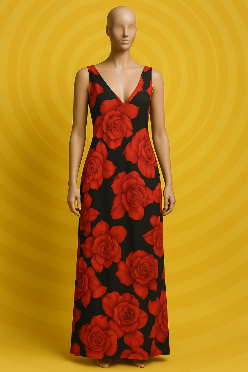A long black dress embellished with large vibrant red roses, featuring a V-neck and sleeveless design.