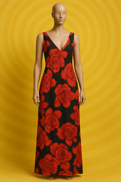 A long black dress embellished with large vibrant red roses, featuring a V-neck and sleeveless design.
