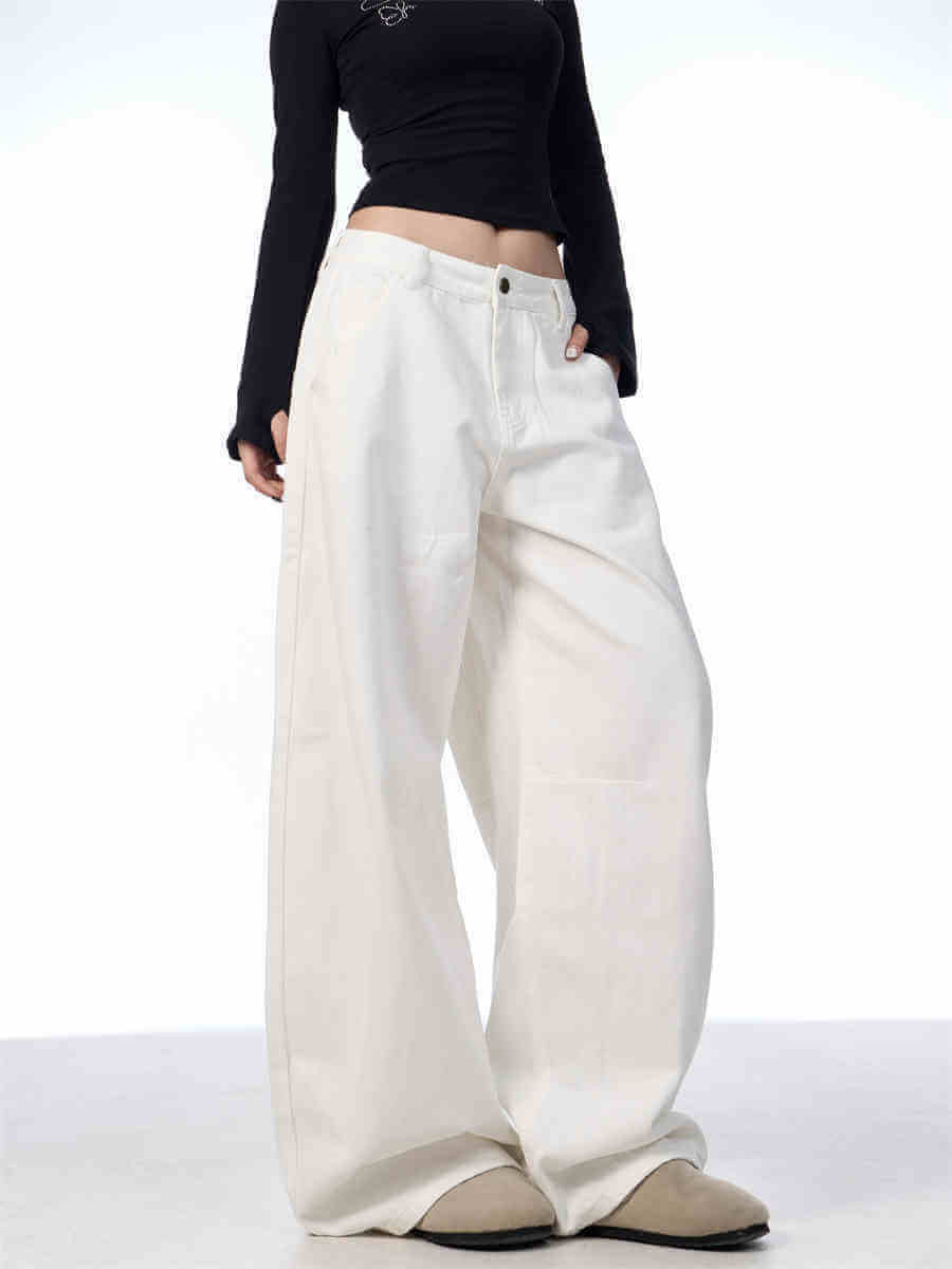 White Casual Loose Straight-leg Wide-leg Pants