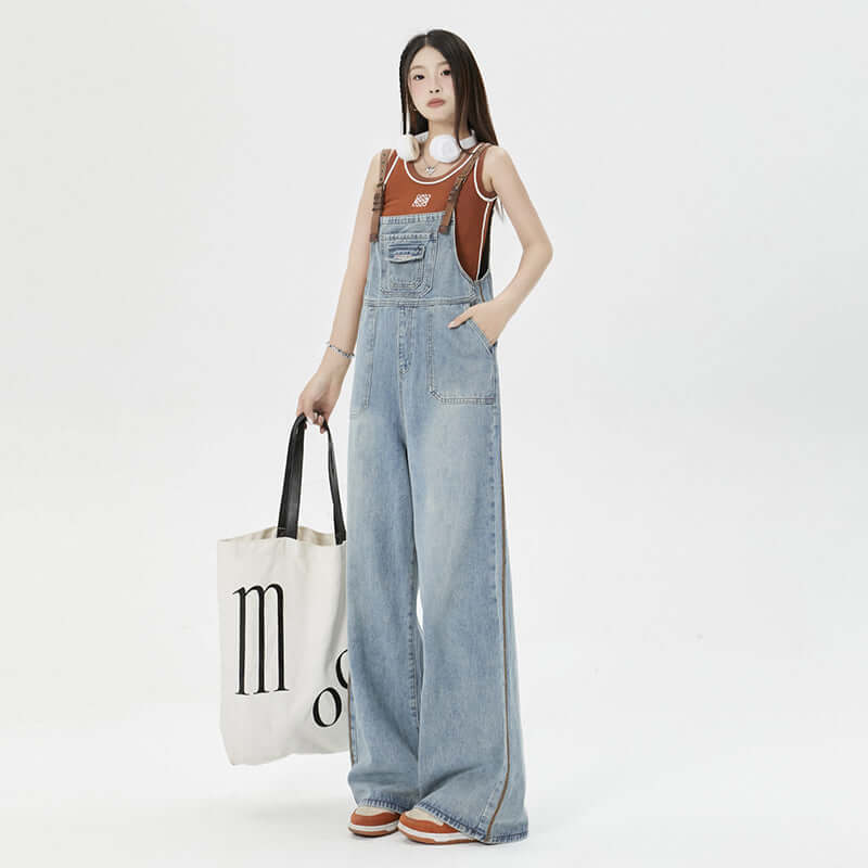 Washed Blue Loose Shoulder Strap Jeans