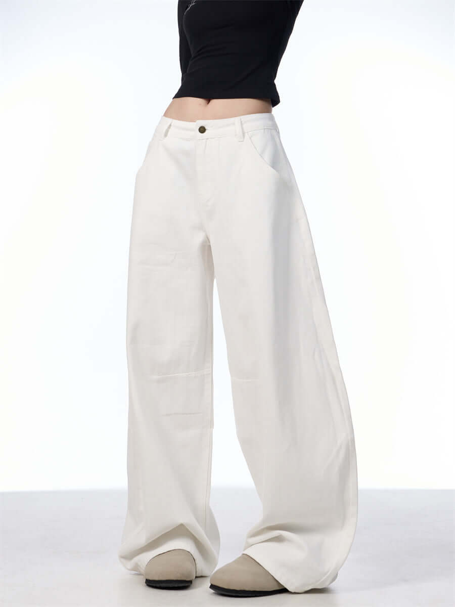 White Casual Loose Straight-leg Wide-leg Pants