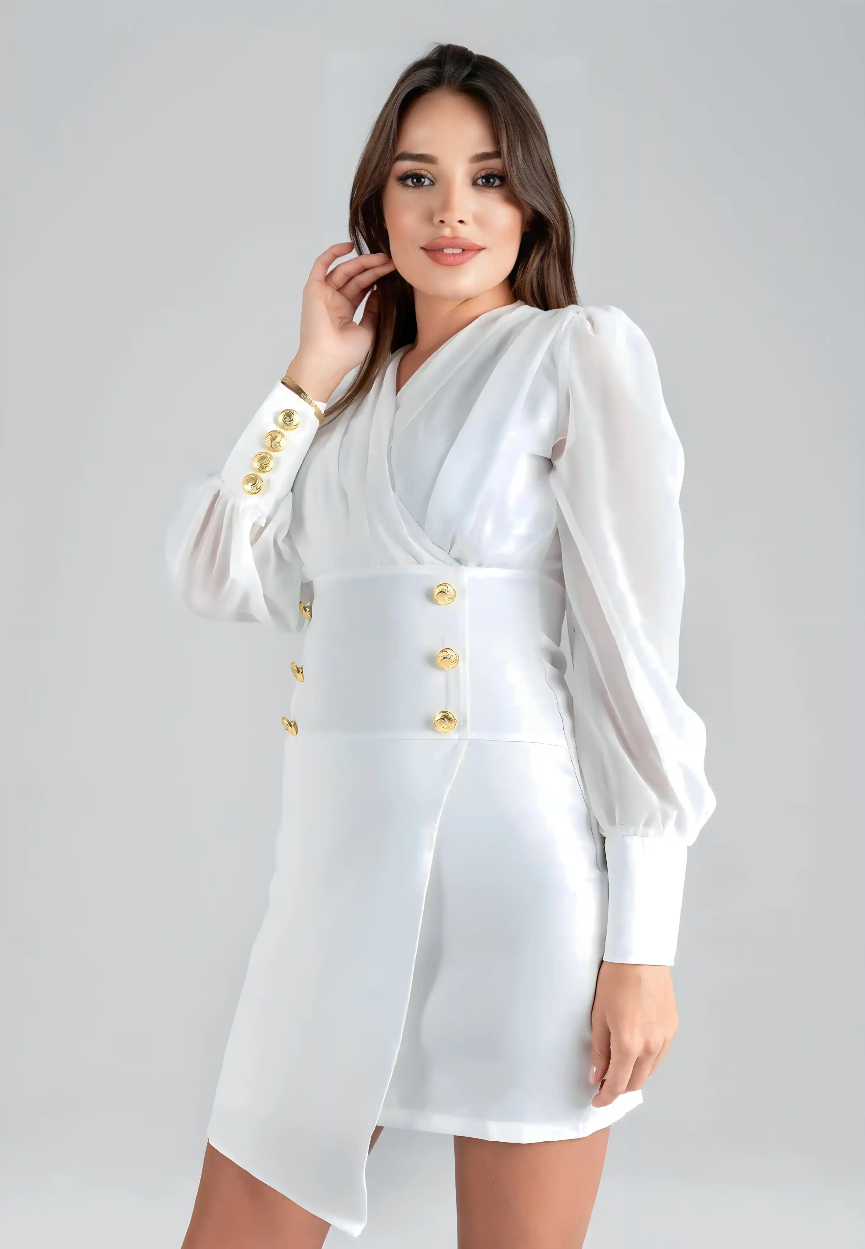 Short dress with gold buttons and long transparent sleeves