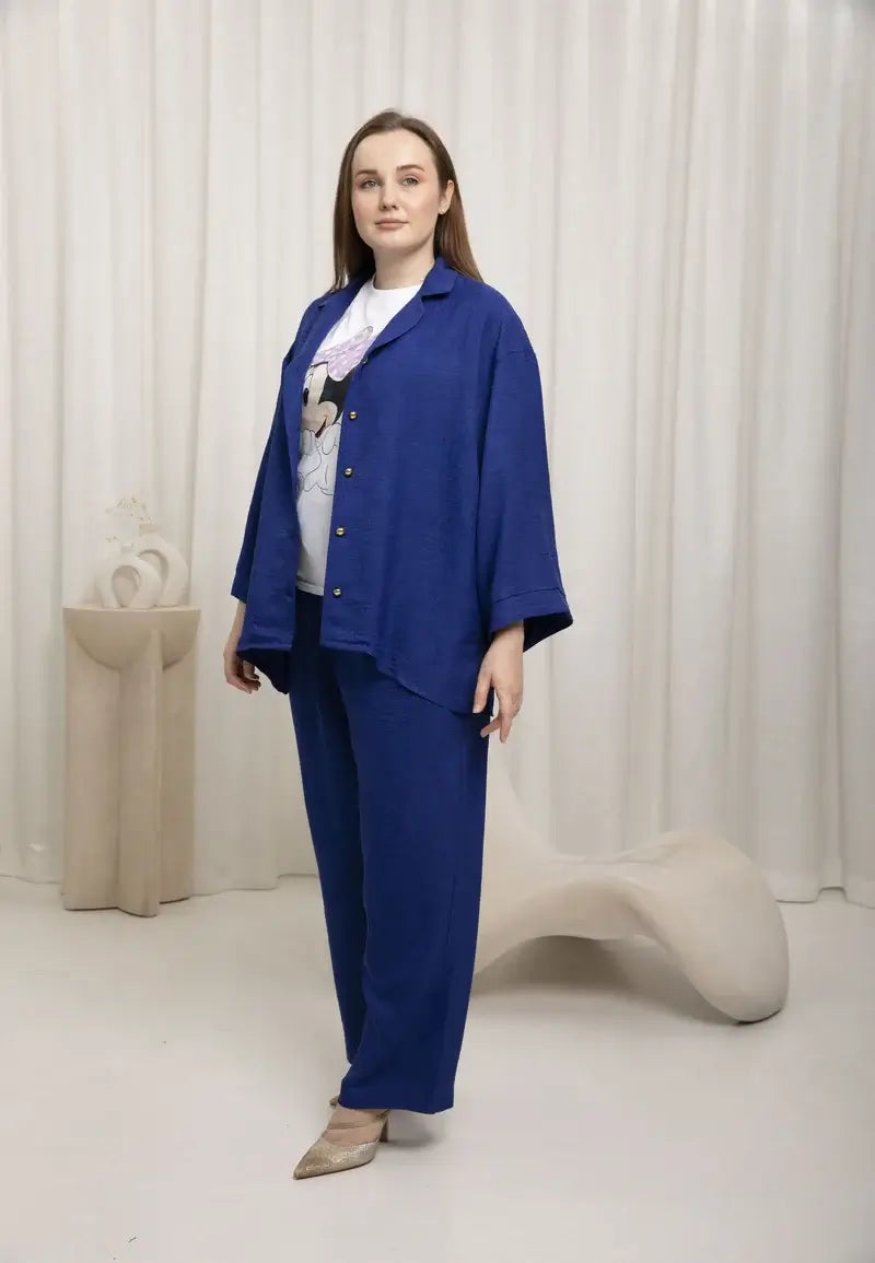 Women's Casual Loose Shirt and Pants Set with Gold Buttons