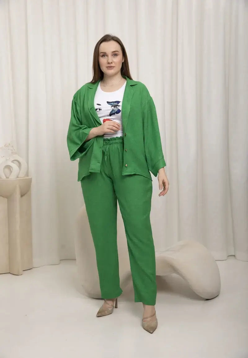 Women's Casual Loose Shirt and Pants Set with Gold Buttons