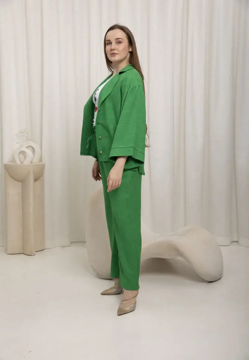 Women's Casual Loose Shirt and Pants Set with Gold Buttons