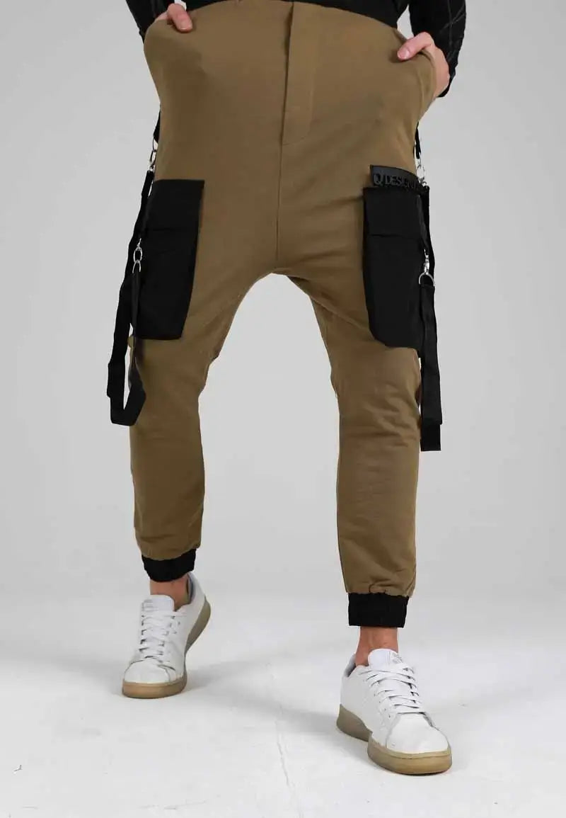 Men's Olive Green Wide Leg Trousers with Waist Belt at Leg