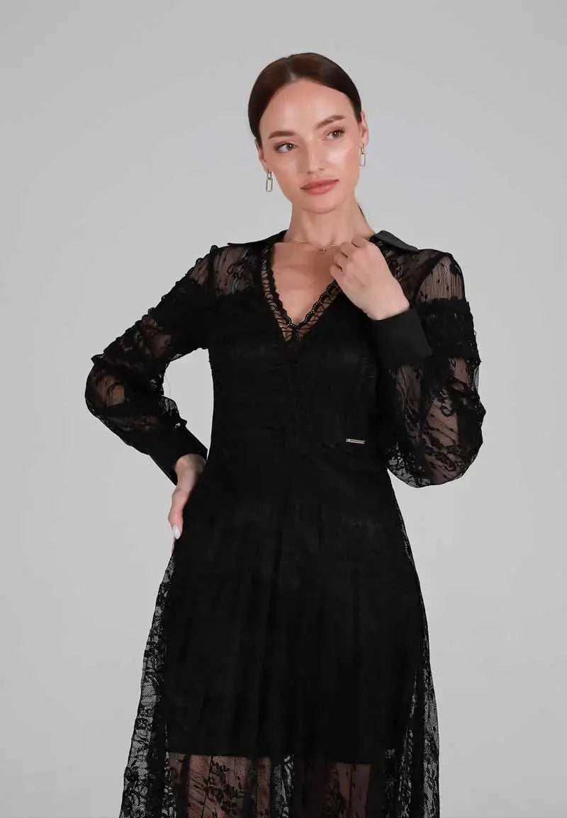 Long black dress embroidered with soft and transparent embroidery