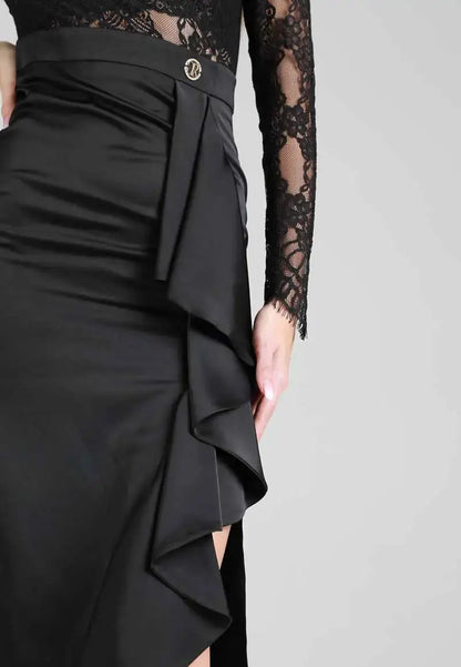 Long black dress with soft and transparent embroidery on the top