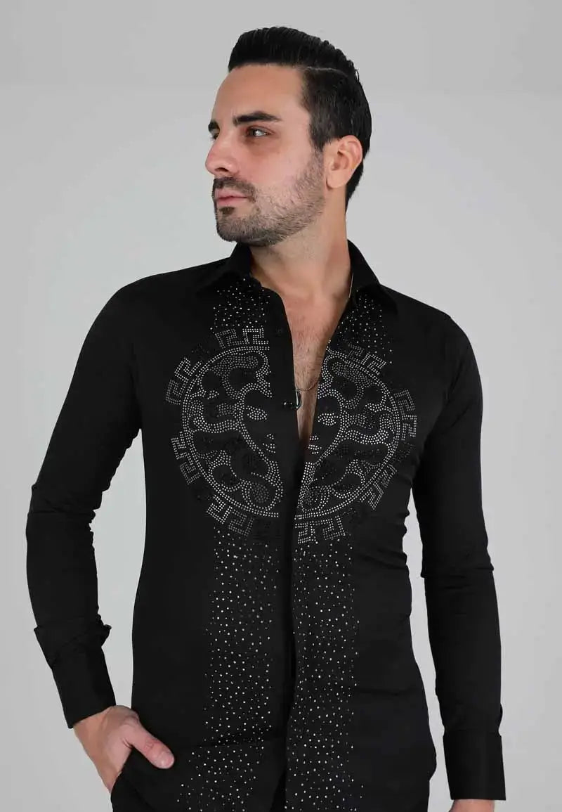 Men's Stylish Black and White Diamond Studded Shirt