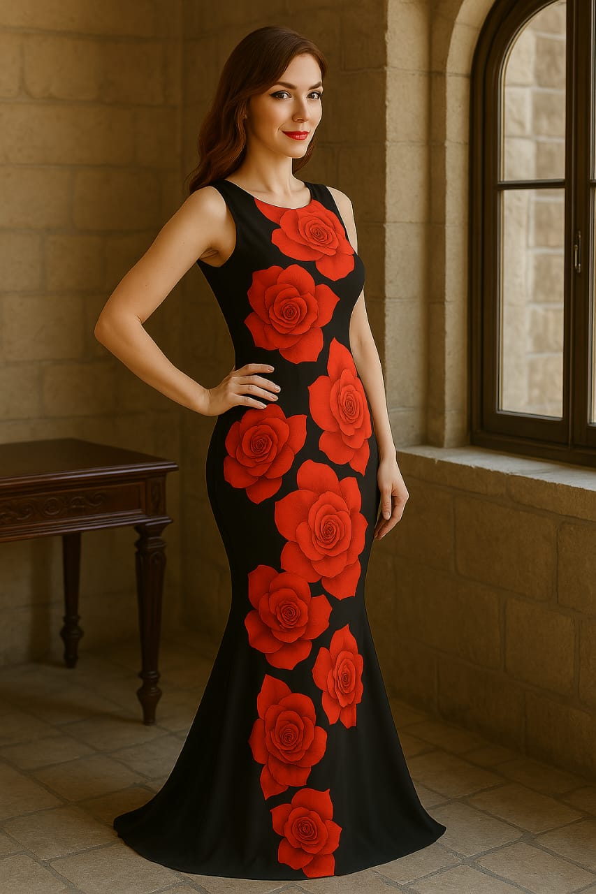 Women's long black dress with large red floral print.