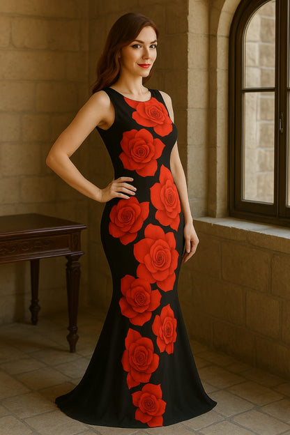 Women's long black dress with large red floral print.