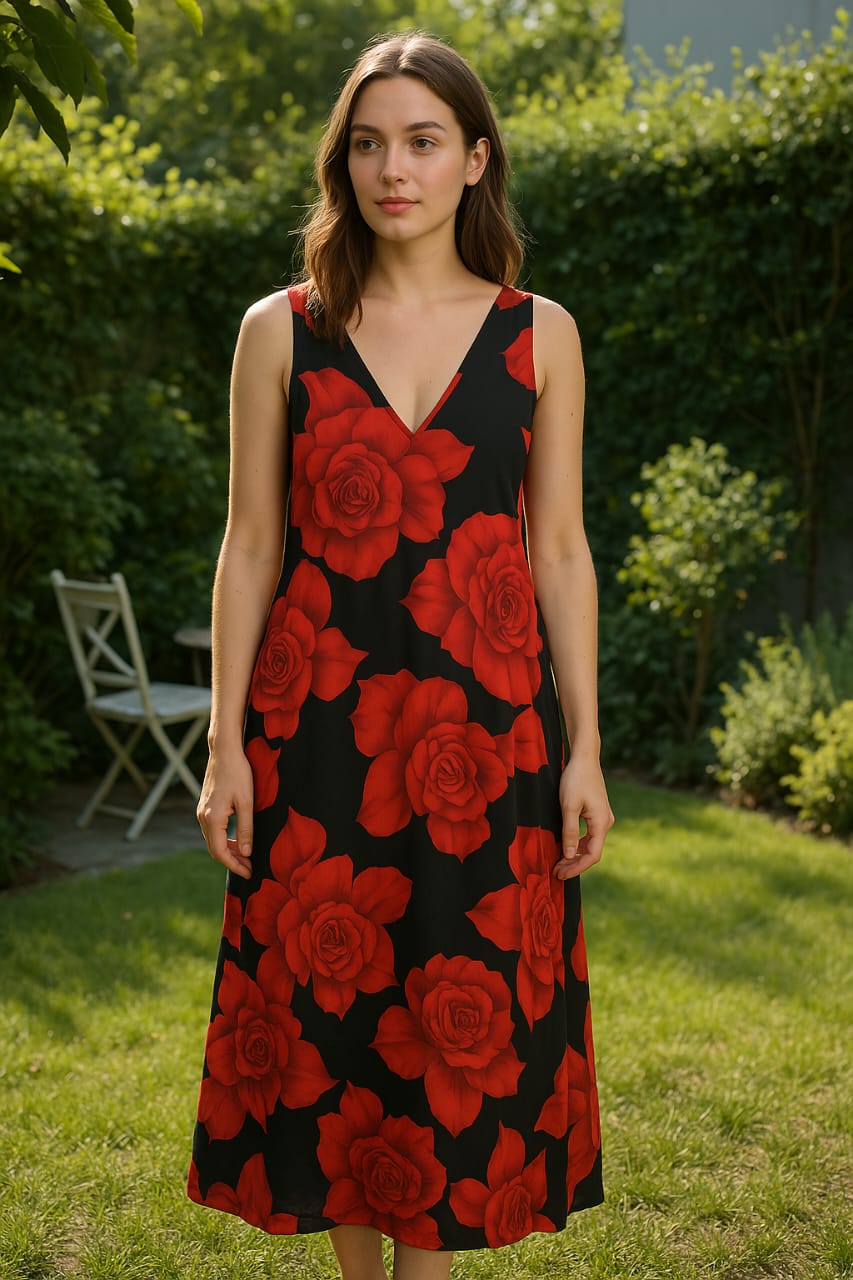 A long black dress embellished with large vibrant red roses, featuring a V-neck and sleeveless design.