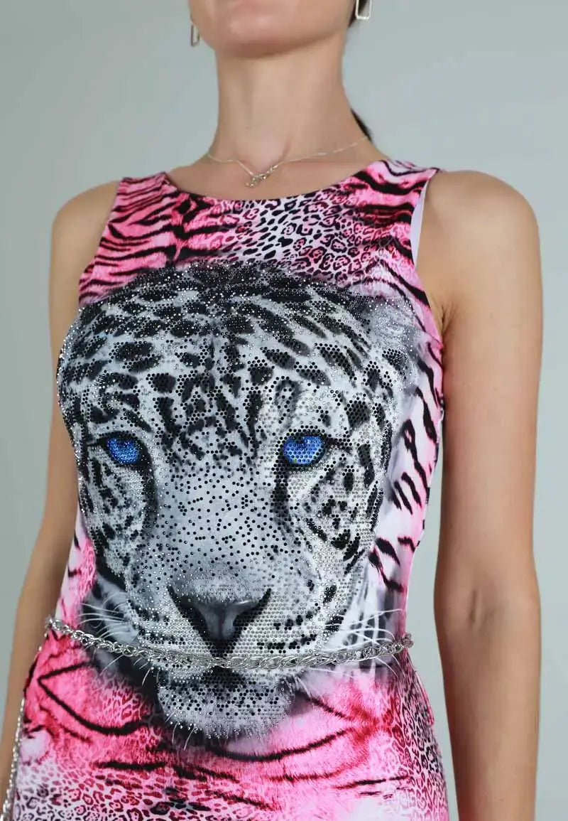 Slim long dress with tiger print