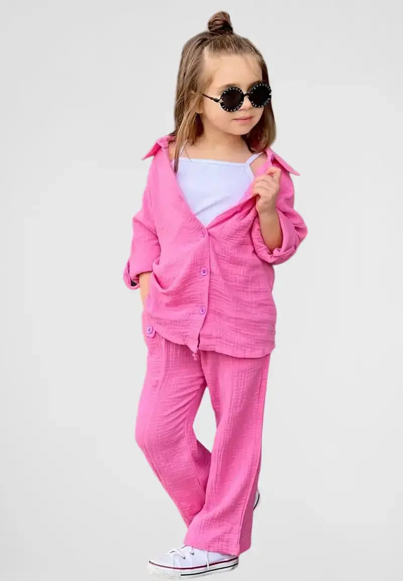 Button down shirt with pants and blouse for girls
