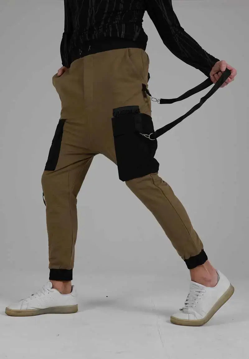 Men's Olive Green Wide Leg Trousers with Waist Belt at Leg