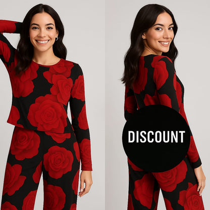 Women's Long Sleeve Crew Neck Red Rose Print Pajamas