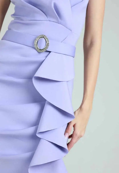 Sleeveless ruffle mini dress with belt at waist
