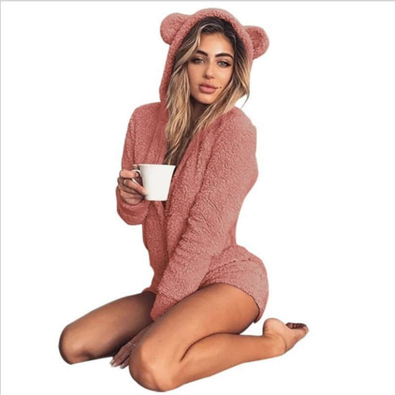Plush Solid Color Long Sleeve Hooded Cute Women's Clothing Jumpsuit
