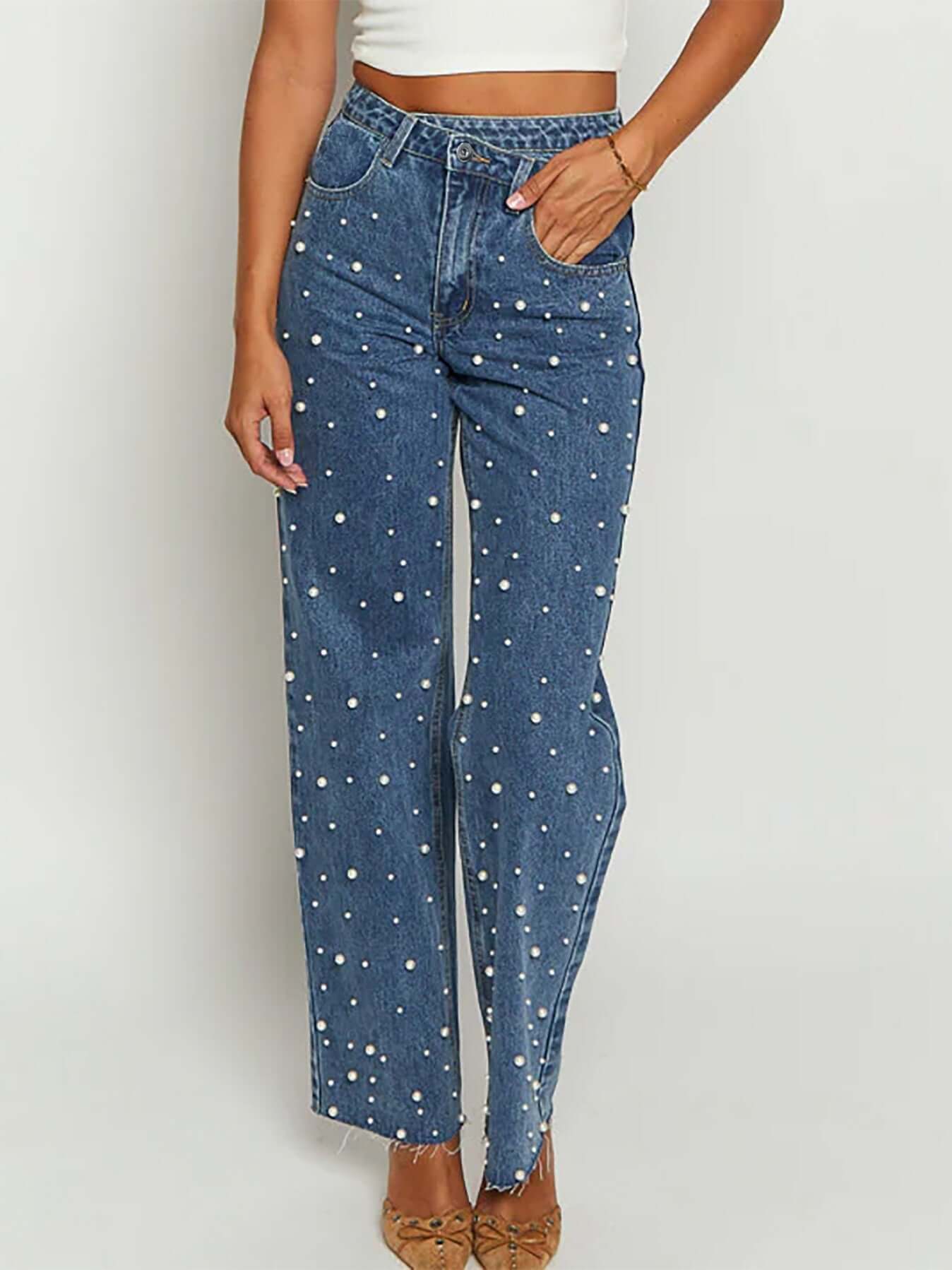 Oblique Waist Cross Beaded Straight-leg Frayed Hem Jeans