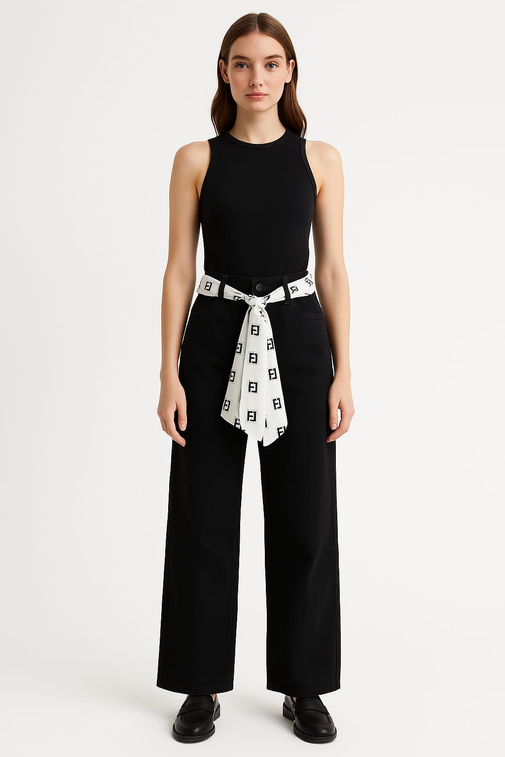Women's black jeans with chiffon belt