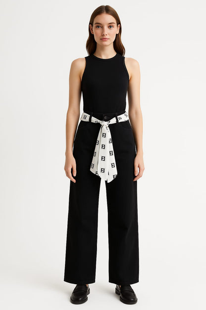 Women's black jeans with chiffon belt