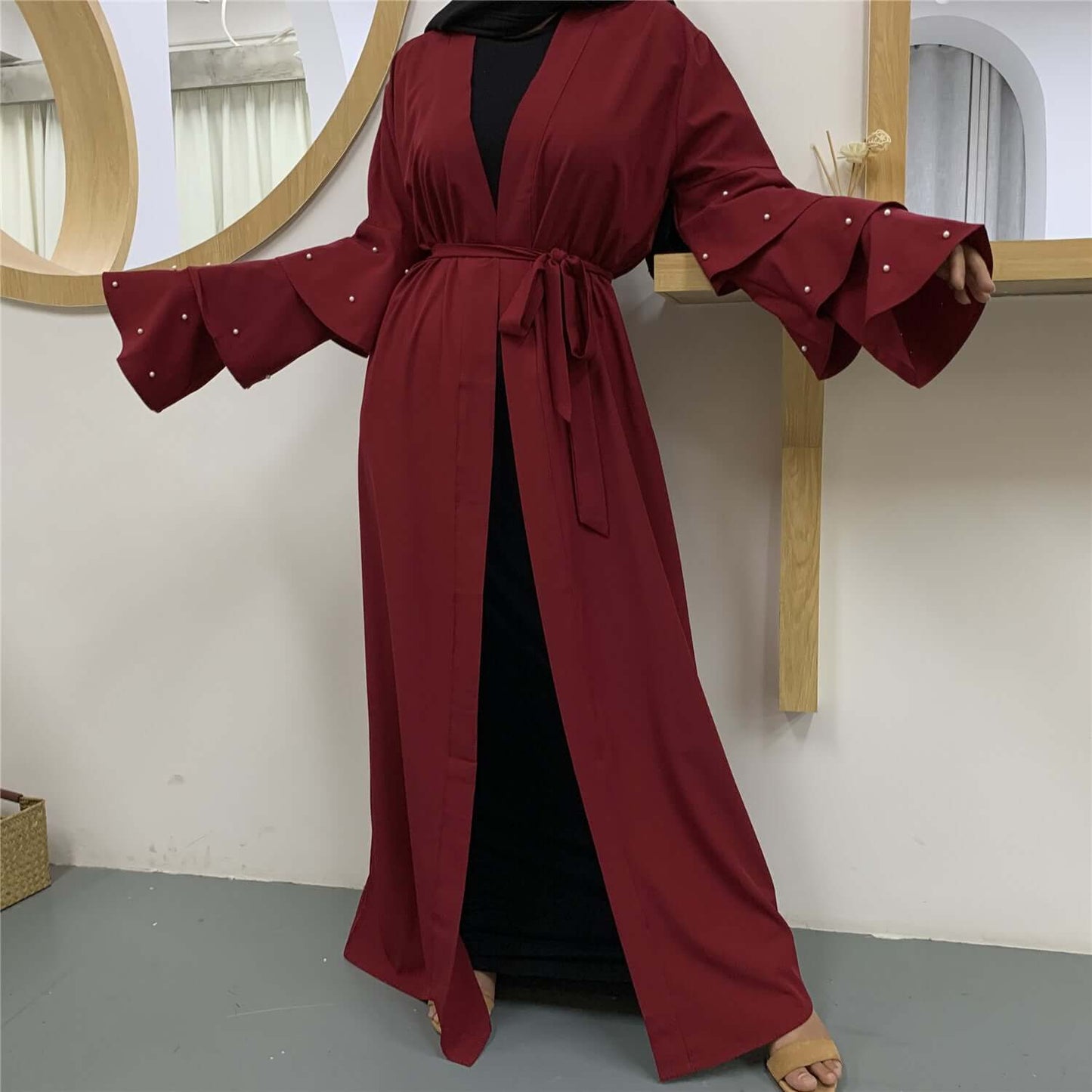 Muslim Fashion Bead Flare Sleeve Tie-neck Cardigan