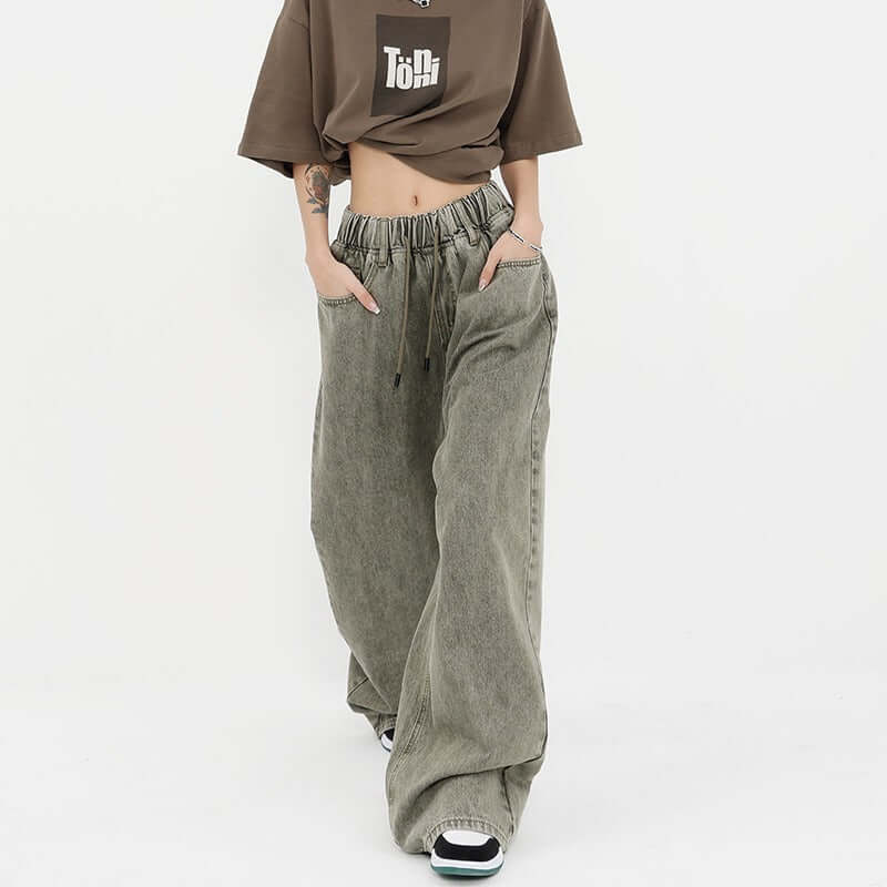 Retro Worn Looking Washed-out Drawstring Jeans For Women