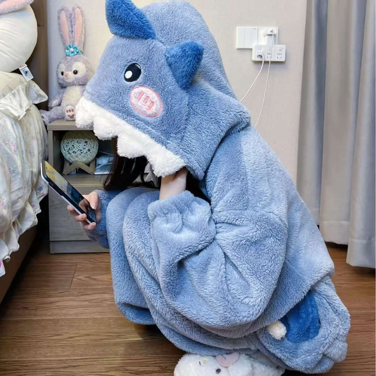 Sweet Cute Shark Hooded Coral Velvet Pajamas Fleece Lined Padded Warm Keeping